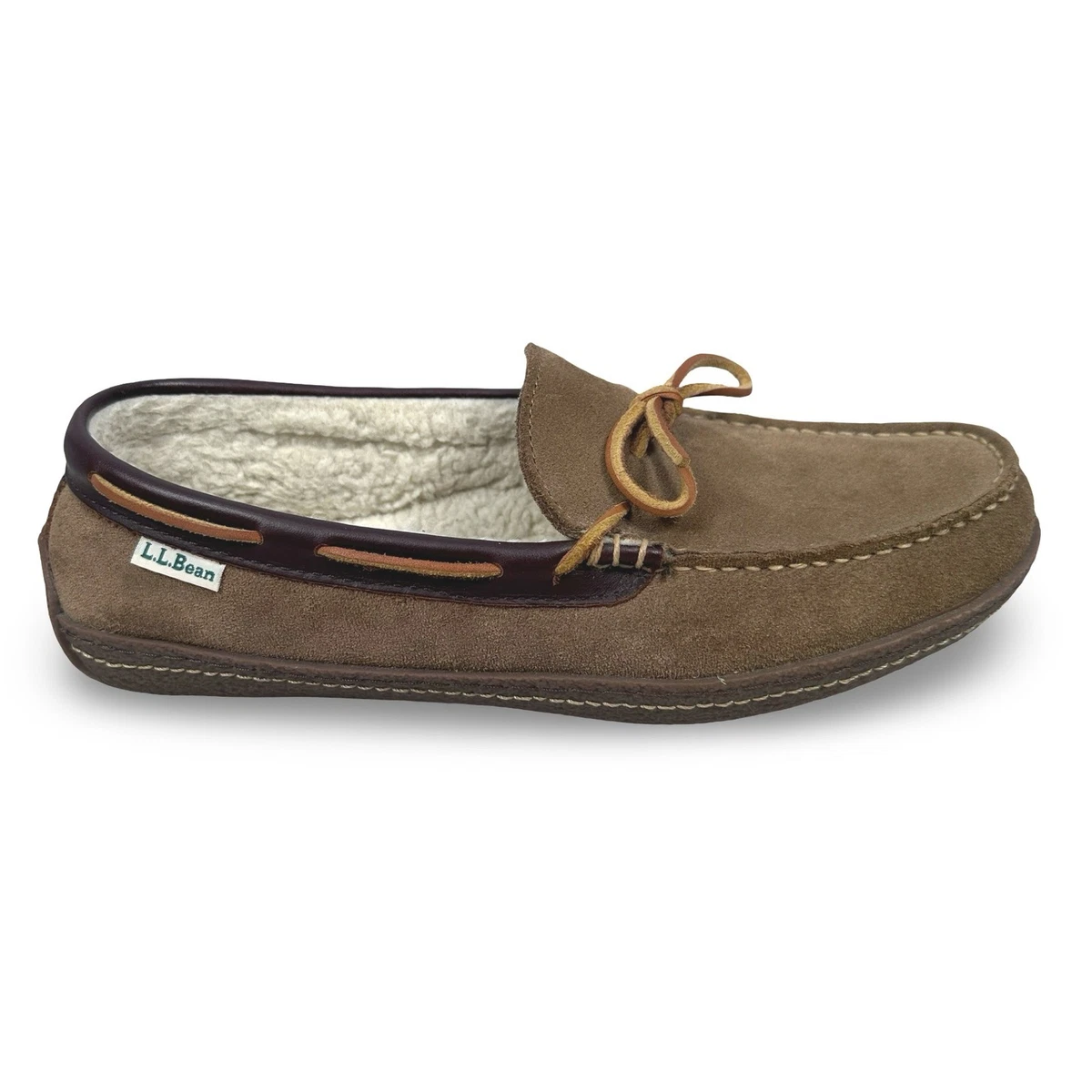 LL Bean Mens Wicked Good Moccasins Brown Suede Shearling  display picture 1