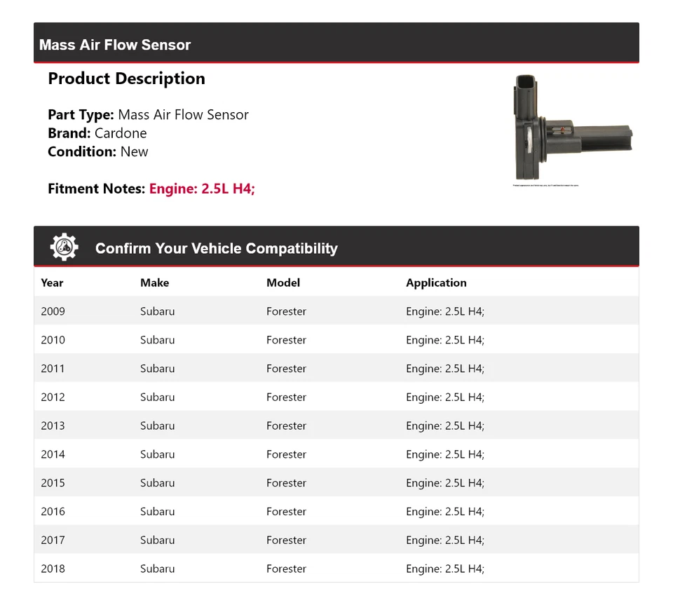 Sensor de flujo de aire másico Cardone 2010 2011 para Subaru Forester 2009-2018 2,5 L H4 Foto 2 de 4