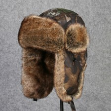 Men Plush Faux Fur Trapper Hat Camouflage Ski Cap Ushanka Russian Cossack Warm