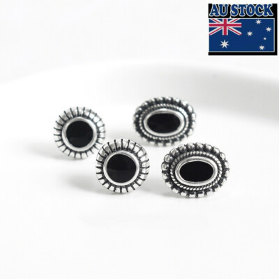 Woman Real S925 Sterling Silver Enamel Round Oval Vintage Earring Stud