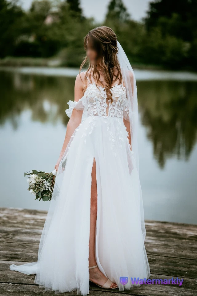 Hochzeitskleid - A-Linie in Ivory weiß - Glitzertüll, 3D-Spitze, Spaghettiträger - Bild 3 von 4