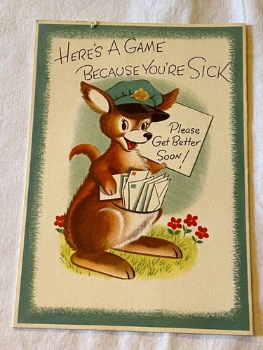 Kids Unused Vintage Rust Craft Get Well Greeting Card Kangaroo Stencil Draw Game