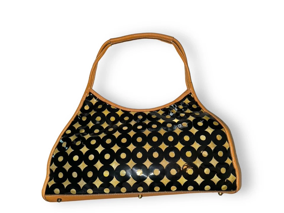 ERIC JAVITS 漆皮/薄色皮革钱包手提包/单肩包黑色/金色圆点 — 第 4/4 张图片