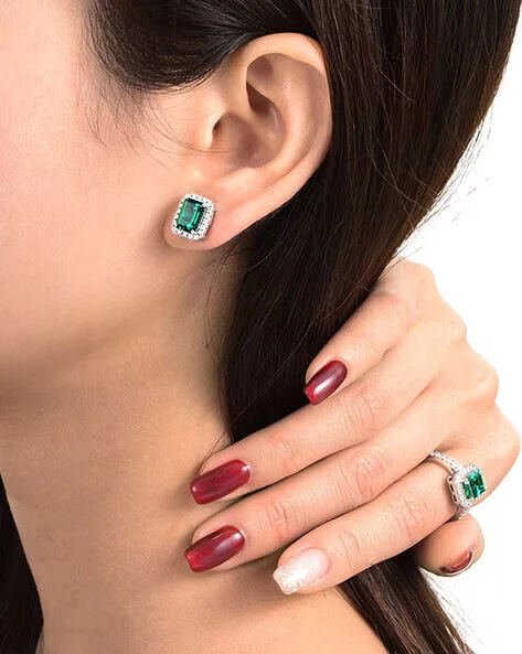 3 Kt Grün Smaragd VVS1 Diamant Ohrringe Halo Hochzeit Ohrstecker Weißgold-Finish - Bild 2 von 3