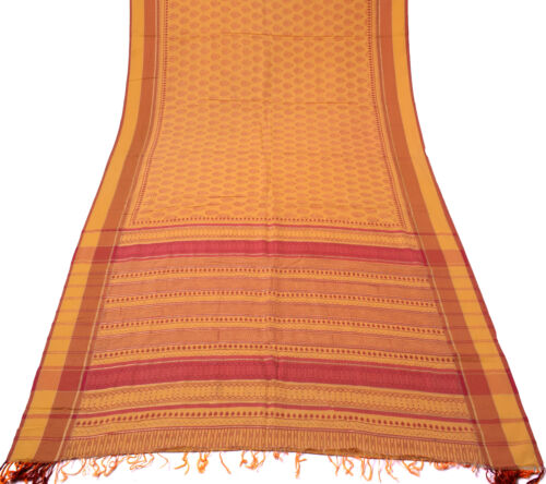 Sushila Vintage Yellow Saree Pure Cotton Printed & Woven Floral 5 YD Sari Fabric - Afbeelding 1 van 11
