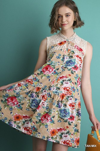Umgee Kleid Größe S M L hellbraun rosa Blumen Fee Spitze ärmellos Landhaus Mumu Damen - Bild 5 von 6
