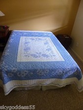 Antique Vintage Wedgewood Blue White Floral Hand Sewn Quilt 1940's 78" X 88"