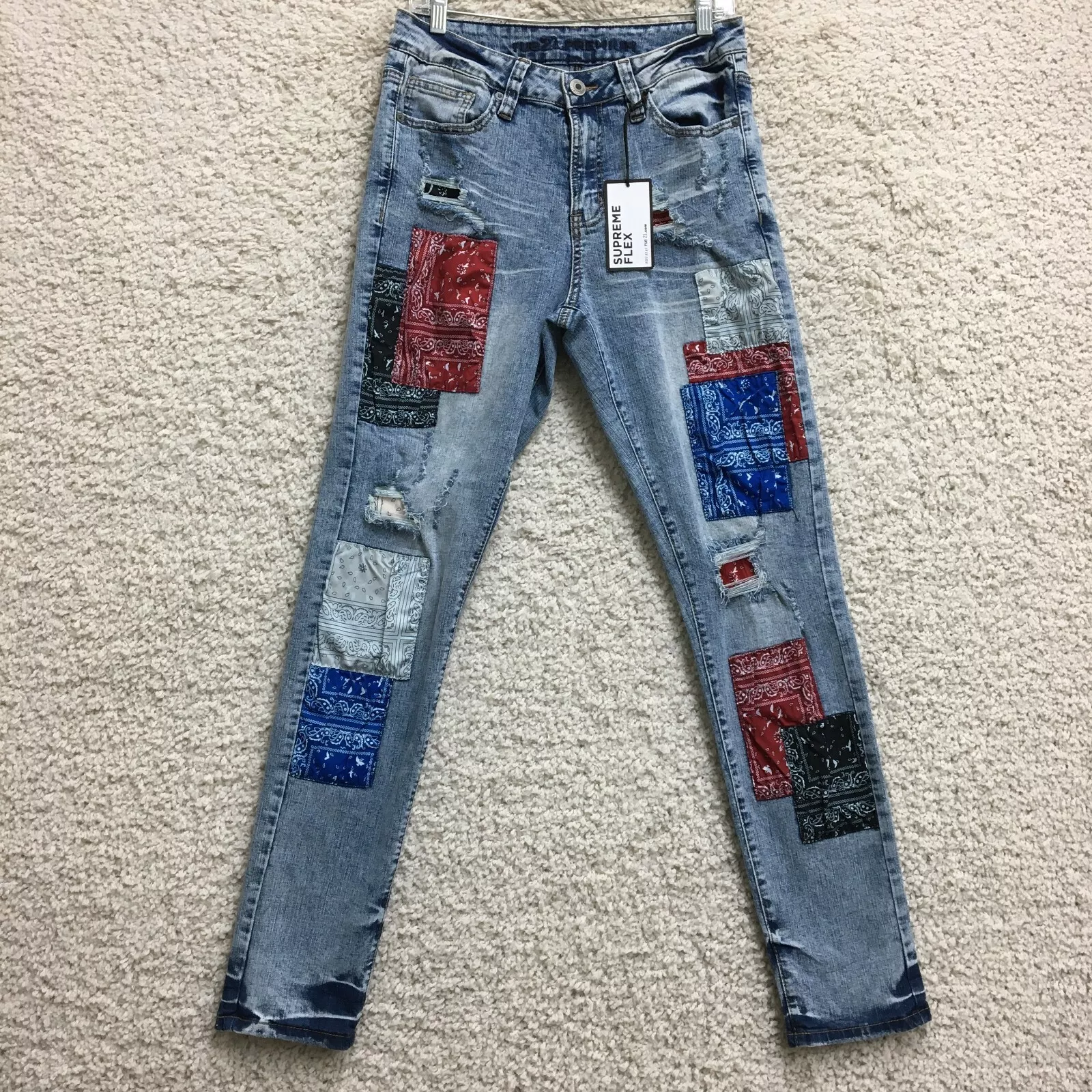 NEUF Jean Rue21 30x32 homme bleu slim conique suprême flex patchwork vieilli