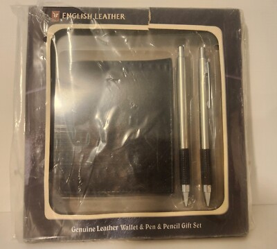 Vintage 2007 English Leather Black Wallet & Brushed Silver Pen & Pencil Set New