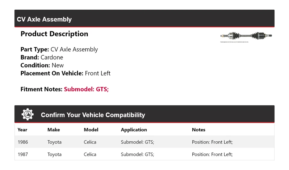 Conjunto de eje delantero izquierdo cardone para Toyota Celica GTS 1986-1987 Foto 2 de 4