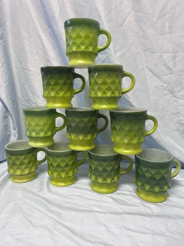 10 Fire King Green Ombré Kimberly Diamond Pattern Coffee Mug Cup MCM VTG