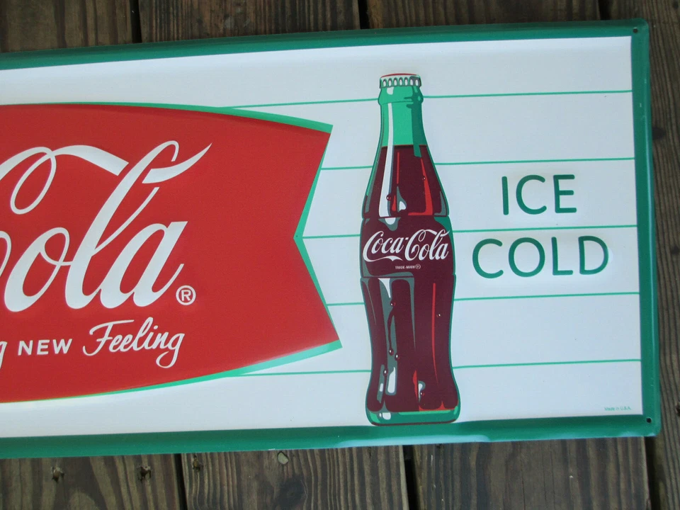 Coca-Cola Steel Retro Advertising Sign Arciform Fishtail Horizontal with Bottle - Image 2 of 4