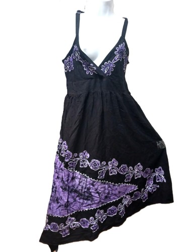 Sommerkleid schwarz lila lang Blumen Batik Hippie Sonne Strand L