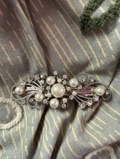 Vintage Faux Pearl Rhinestone Barrett, 3 3/4 Inch Long Wedding Hair Clip,