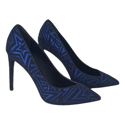 NIB Pierre Balmain $970 Stiletto Pumps in Black/Blue Jacquard Star Fabric, US 5