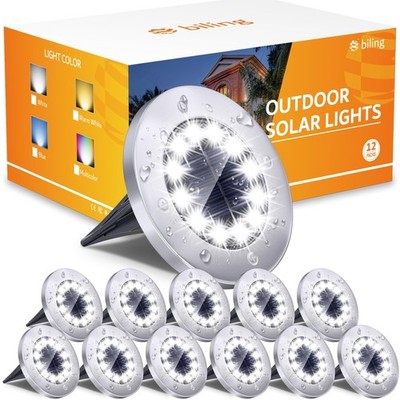 Biling Solar Outdoor Lights 12 Pack, Bright 12 LEDs Solar Ground Lights Water...