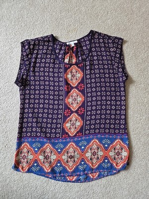 DR2 BY DANIEL RAINN Blue Orange  Floral Boho Blouse Scoop Neck Cap Sleeves M 