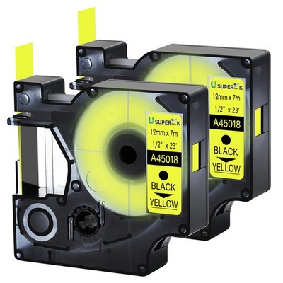 2x Black on Yellow Label Tape 12mm Fit For DYMO D1 45018 LabelManager 150 155