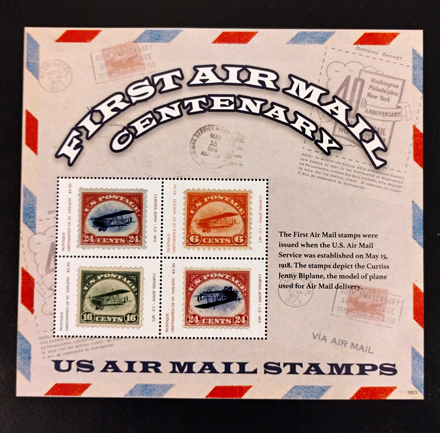 First Air Mail Centenary - Mustique Jenny Biplane Replica Sheet MNH