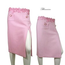 Blumarine Rose Butterfly Embroidered Tight Skirt Slit Pink Wool Size 40