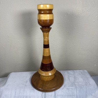 VTG 9  Segmented Wood Candlestick Hand Turned Artisan Mixed Hardwood MCM