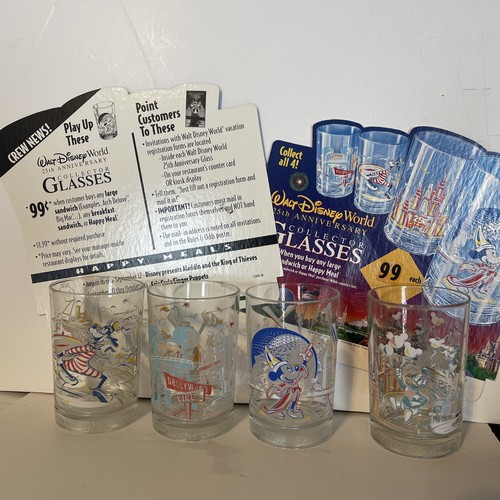 1996 Complete Set Walt Disney World 25th Anniversary Glasses w/ McDonalds Cards - Picture 1 of 13