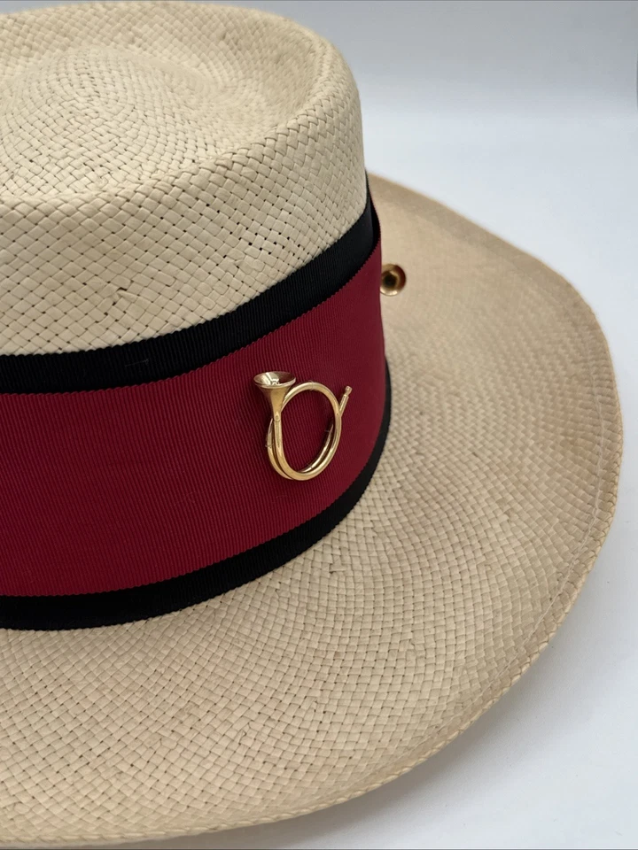 De Colección Damas M Panama Derby Sombrero de Paja NY Hat Co. Cinta Roja/Negro 4 Cuernos de Caza de Latón Foto 4 de 4