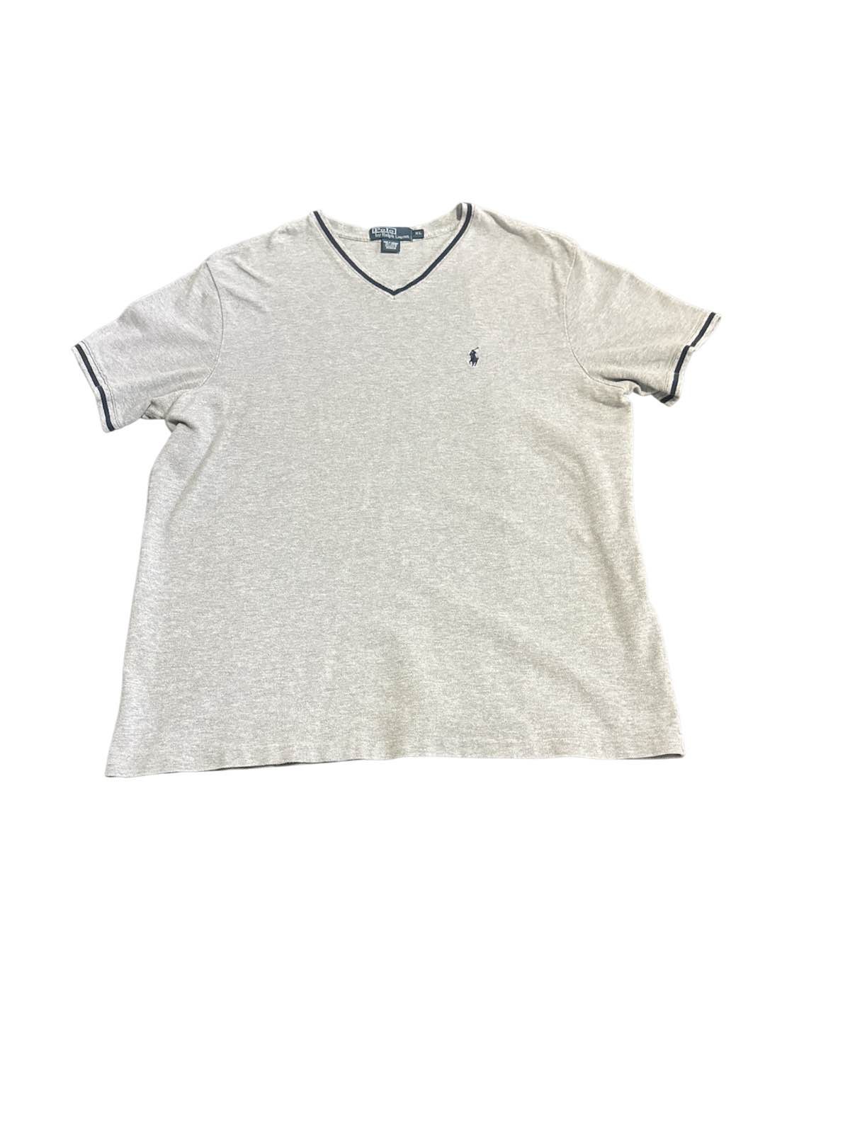 Polo Ralph Lauren Mens XL Gray Heather V-Neck T-Shirt Blue Trim Pony