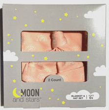NWT NIB Moon and Stars 2 Count Set Blanket  Hat Baby Salmon Pink