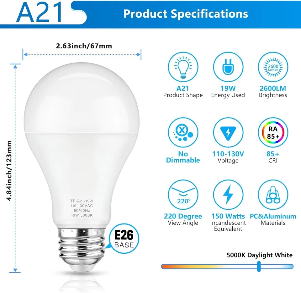 Flicker-Free A21 LED Light Bulbs, 10-Pack, 19W & 150W Equivalent, Non-Dimmable - Image 4 of 4