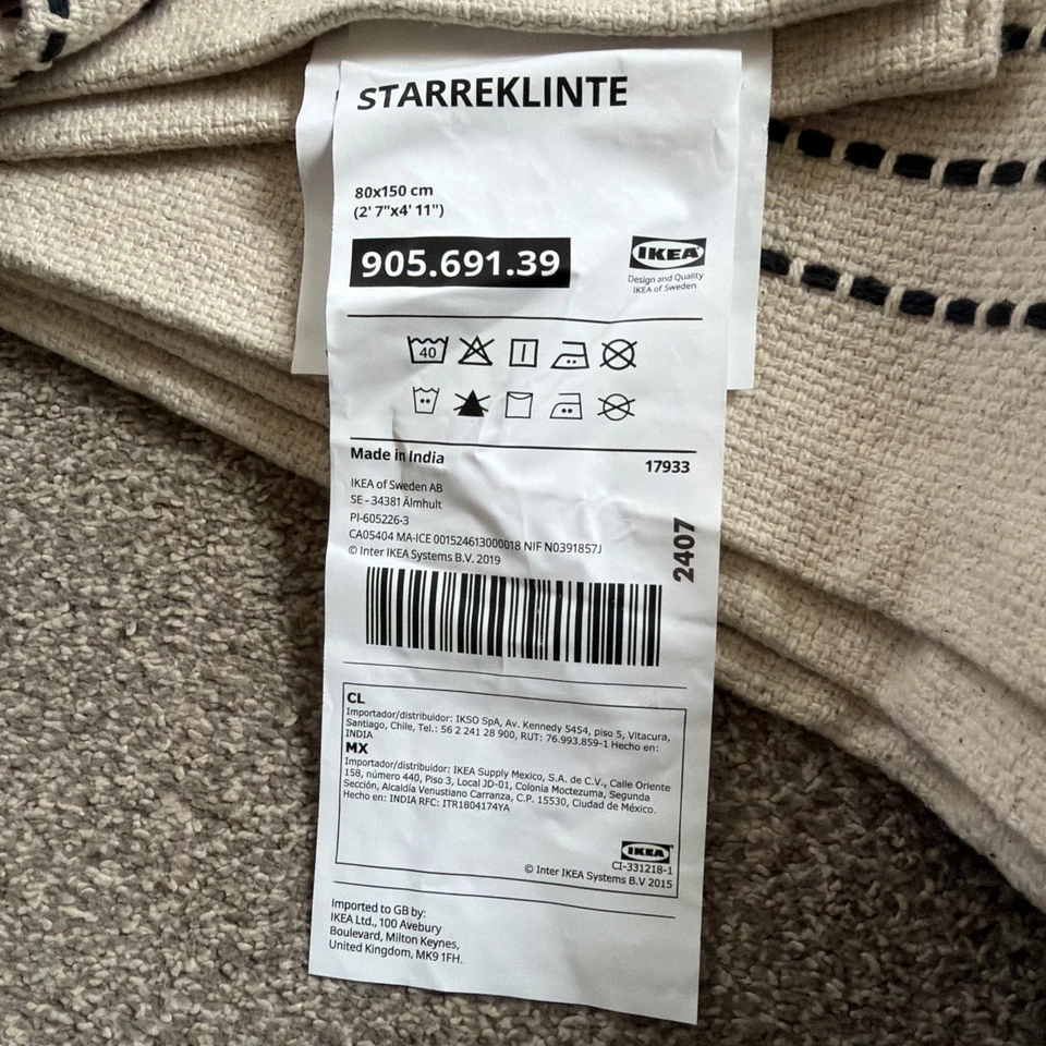 Nueva Alfombra IKEA - 100% Algodón - Bronceado con Rayas Negras - 2 ' 7 "x4 ' 11" - Lavado a Máquina Foto 3 de 4