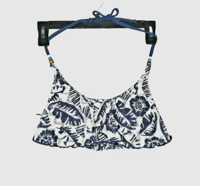 NEW Lucky Brand M Bikini Top Blue White Ruffle Flounce Boho Resort Beach Casual