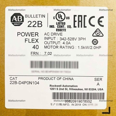 2022 AB 22B-D4P0N104 PowerFlex 40 1.5 kW 2 HP AC Drive 22-D4P0N104