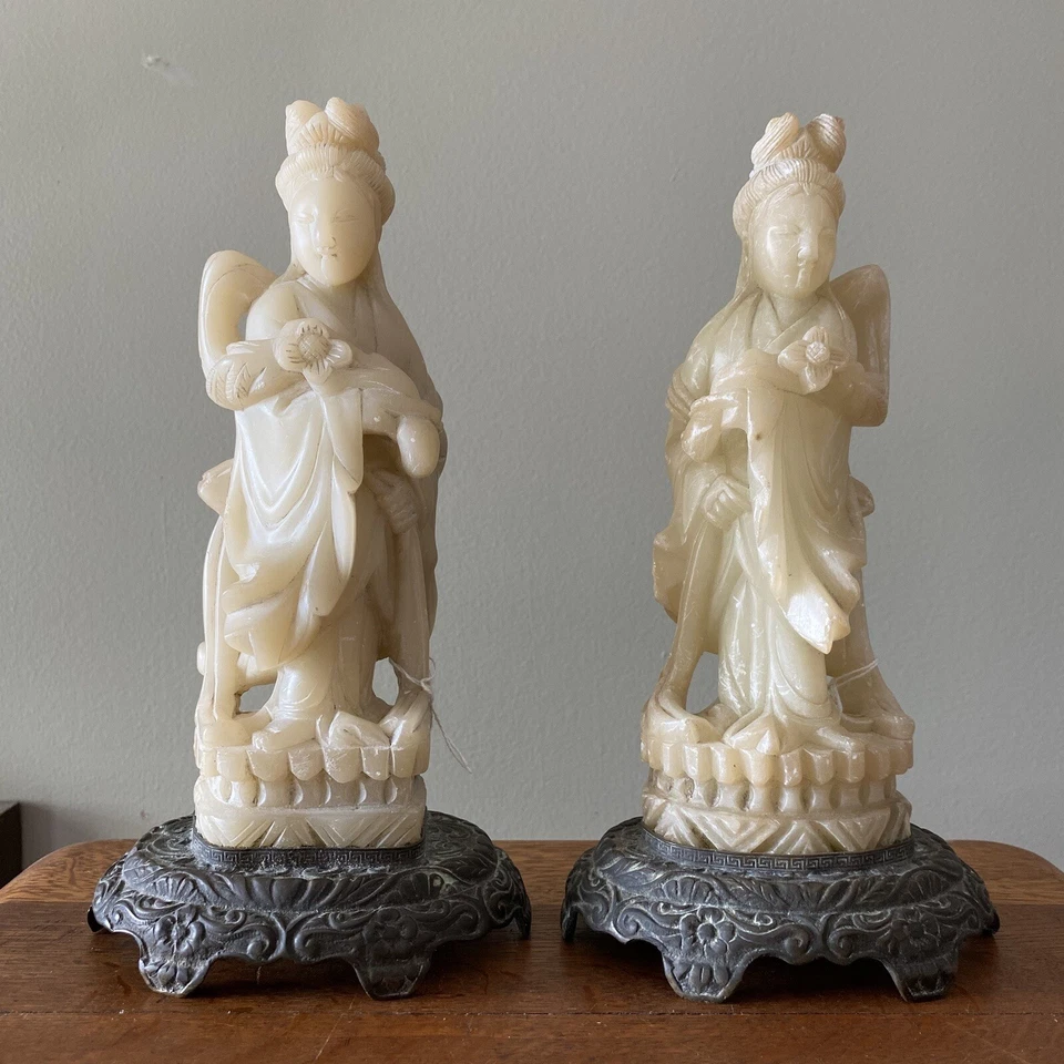 2 Antiguas Tallas de Jabonera China Figura Guanyin Lámparas de Bronce República Jade Foto 3 de 4