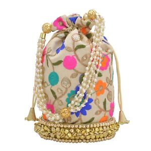 Sanskriti Indian Potli Bag Handmade Pearl Wedding Sequins Drawstring Purse