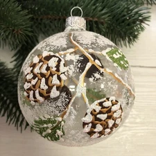 Snowy Pinecones Christmas Ball Ornament / Clear Bauble Made in Ukraine 4"
