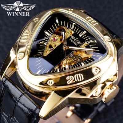 Steampunk Triangle Golden Skeleton Movement Men Automatic Mechanical Wrist Watch