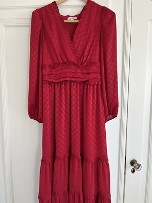 Max Studio Women s Red Polka Dot Maxi Dress Boho 3/4 Sleeve 