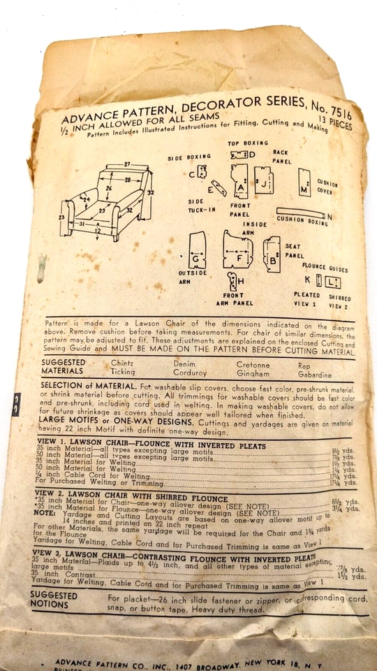 Vintage Sewing Pattern Advance 7516 Home Decor Chair Cover Pleated Flounce - Image 2 of 4