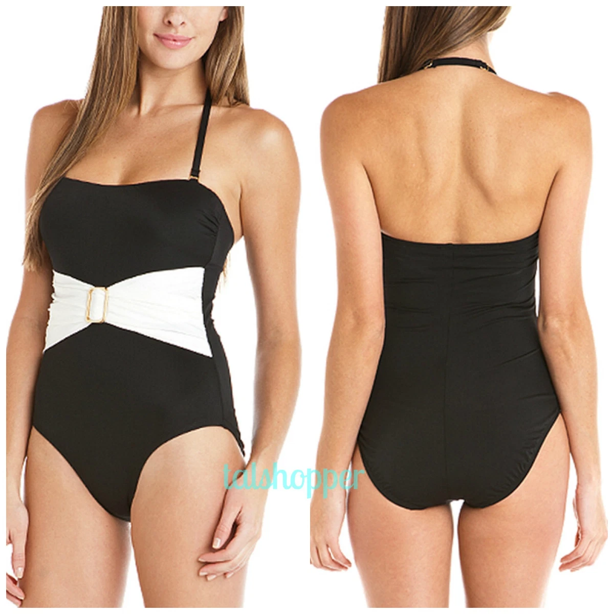 NWT 14 $188 SPANX Sexy Belted Bandeau Black and White One Piece Swimsuit