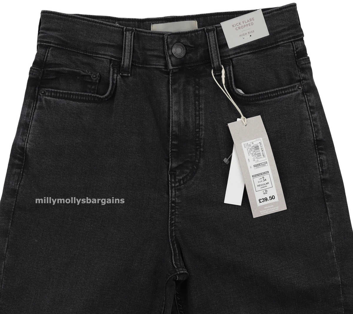 M S Womens Marks and Spencer Black Kick Flare Crop Jeans Size 24