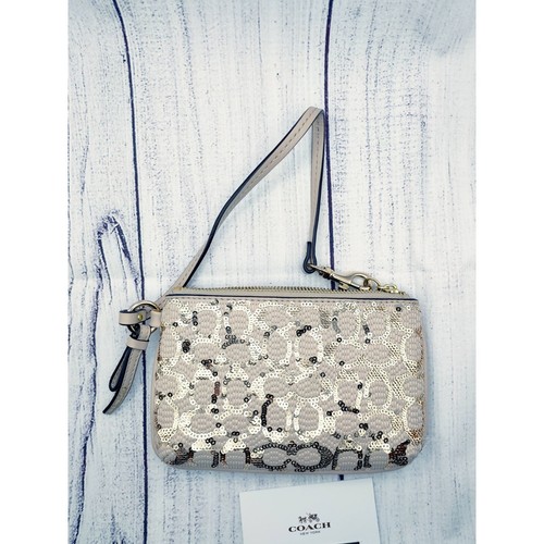 Cartera de muñeca pequeña Coach para mujer lentejuelas doradas beige formal 6" x 4" F50481 - Imagen 7 de 14