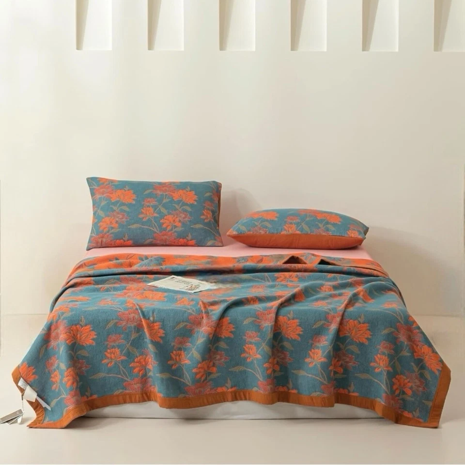 NUEVO Anthropologie Azul Naranja Reversible Queen/King Colcha Manta Juego Falso Foto 2 de 4