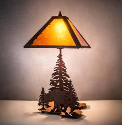 Meyda Tiffany Table Lamp Lone Bear Two Light Bronze/Dark Metal Rustic Cabin