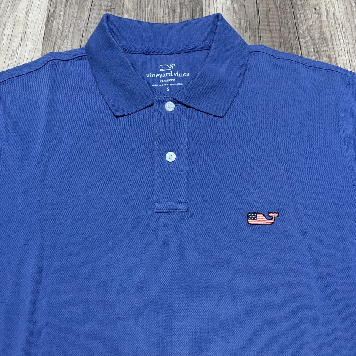 Vineyard Vines Polo Shirt Men s Small Blue American Flag Whale Logo Pique