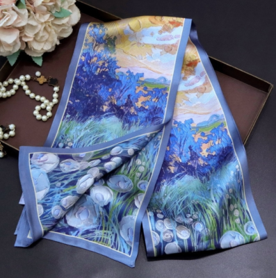 #ad 100% mulberry silk blue flower field printed long scarf shawl 150 * 16cm $13.99