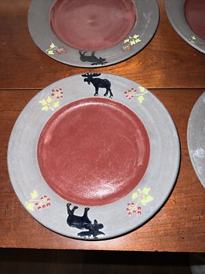 Boot Hill Pottery 4 Salad/Desert Plates Moose & Holly Sprigs Handcrafted Signed