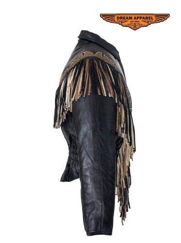 Ladies Black Leather Westerns Style Fashion Jacket With Studs And Fringes - Picture 3 of 6