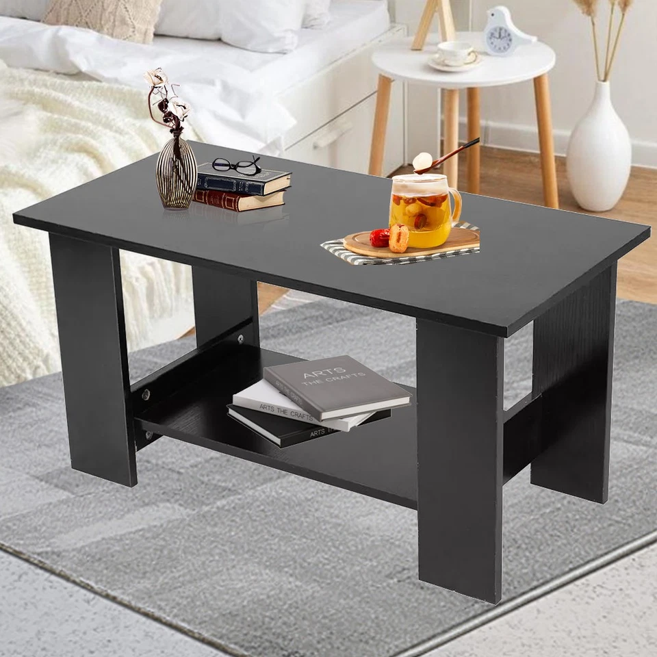 Modern Coffee Table Living Room Tea Side End Desk With Lower Storage Shelf Black - Image 4 of 4