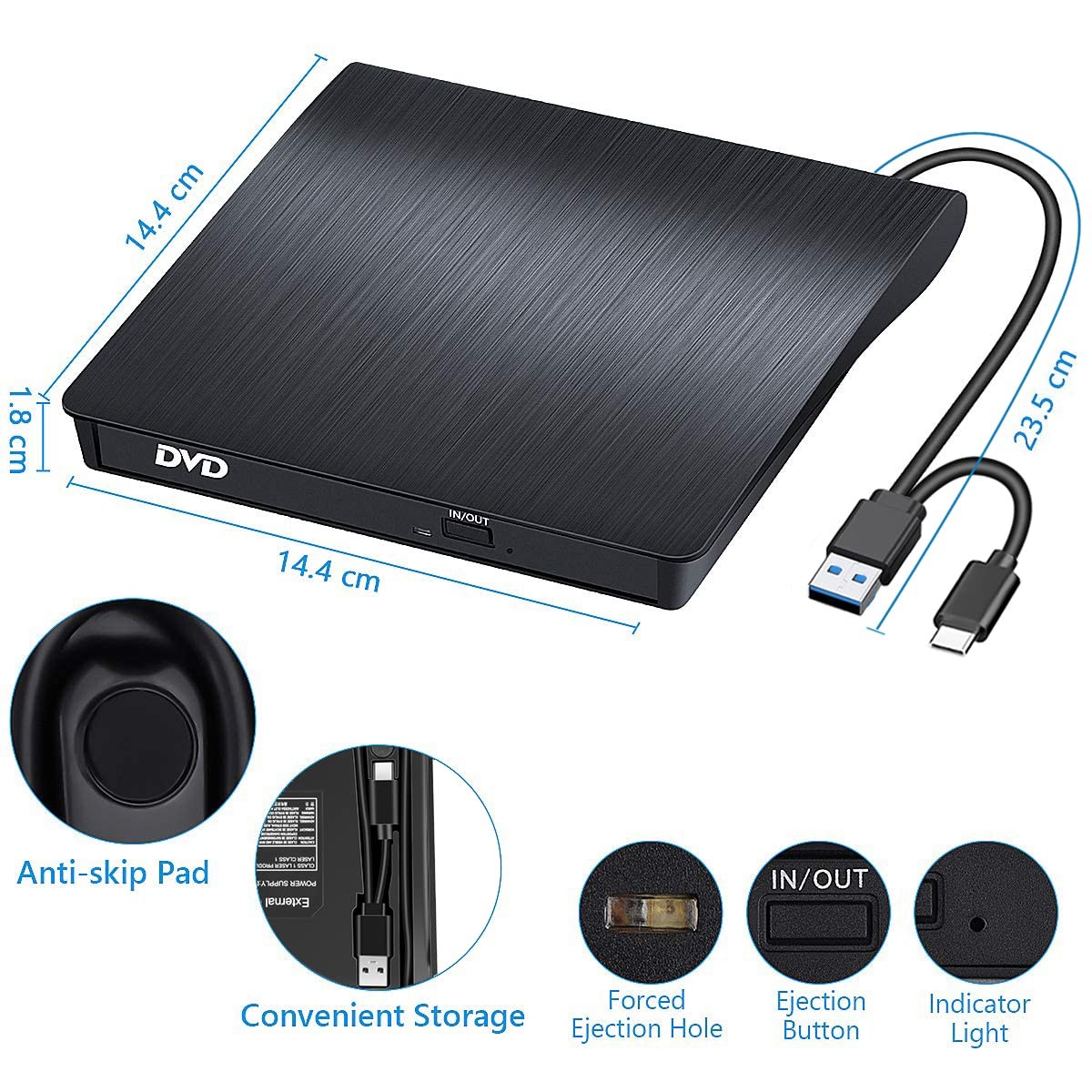 Lecteur CD/DVD externe Type C graveur CD-R portable compatible Windows Mac